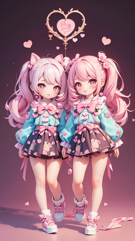 ((petite bishojo, 2girls)), ((kawaii face)), ((heart-shaped pupils)), (masterpiece), (top quality), ((hyper detailed)), (beautiful and aesthetic), (super detailed skin), (high standard), (high resolution), (perfect anatomy), (full body), (red cheek), ((jirai kei-girl)), (earring), (lipstick)
