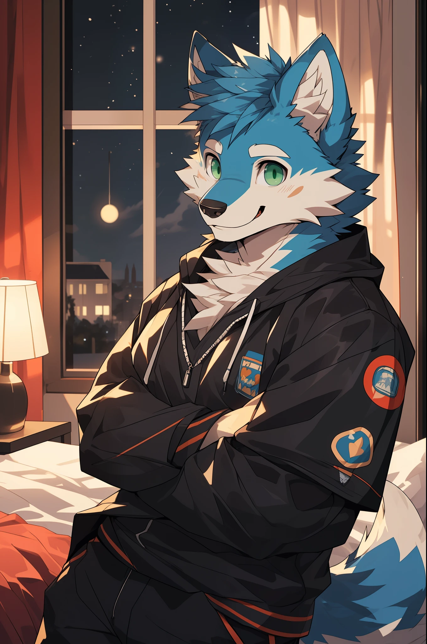 (high definition, Dynamic HDR, 4K, Full HD), furry, 18 years old, relax, wolf, Big one, blue fur, green_eyes, Random clothes, A smile on his face., bedroom, upper body, cute, handsome, Strong Body, big breasts, Be confident ,nighttime