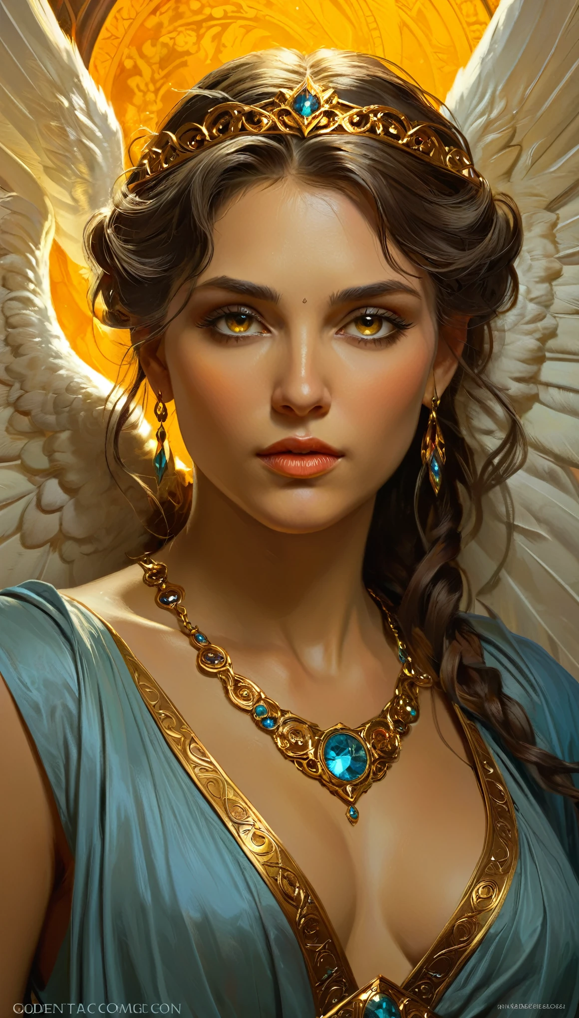 a beautiful angel, closeup portrait, intricate, elegant, extremely detailed, digital painting, art station, concept art, smooth, sharp focus, fantasy, dungeons and dragons, detailed face, alphonse mucha art style, greg rutkowski art style, vivid colors, dramatic lighting, cinematic, photorealistic, golden eyes,