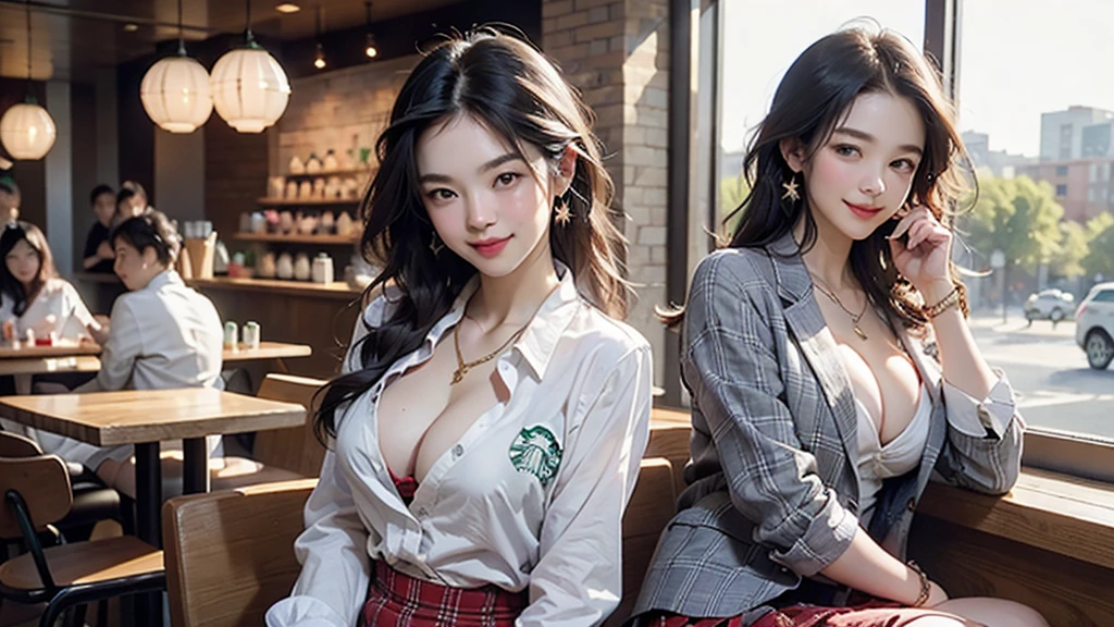 8K、RAW Photos、Highest quality、Super detailed、Super Resolution、Ultra HD、8K壁紙、Amazing details American blazer uniform girl ((White blouse with formal collar, Blue blazer, Red Check Skirt, Red checkered ribbon on blouse)), Complete limbs, Full Finger,
((((Inside the Starbucks store))))、16 year old female student、((Eat cake、Drink coffee、smile))、Heart Necklace、Gold bracelet
(((Emphasize cleavage)))
(((Woman sitting at the window seat)))