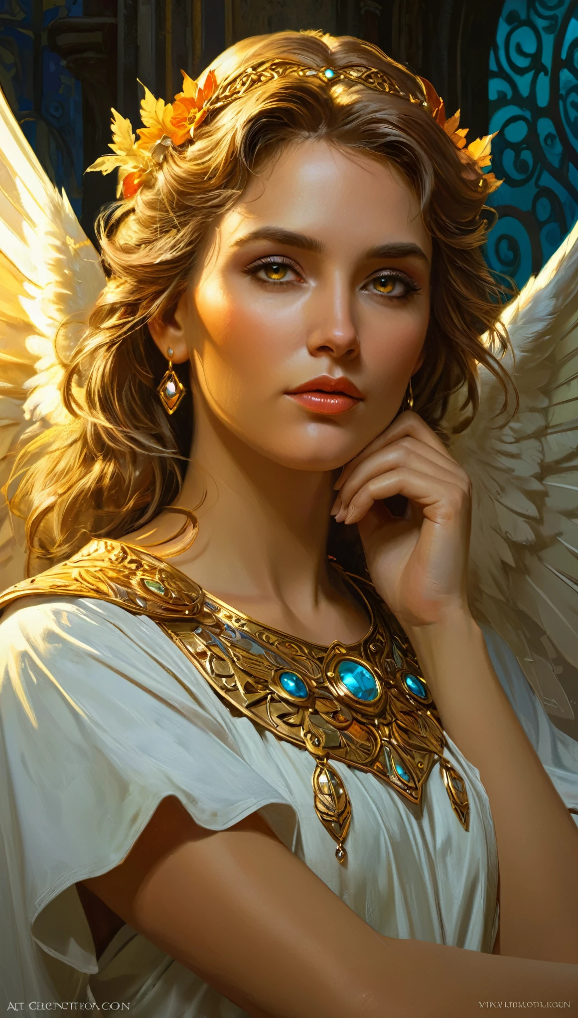 a beautiful angel, closeup portrait, intricate, elegant, extremely detailed, digital painting, art station, concept art, smooth, sharp focus, fantasy, dungeons and dragons, detailed face, alphonse mucha art style, greg rutkowski art style, vivid colors, dramatic lighting, cinematic, photorealistic, golden eyes,