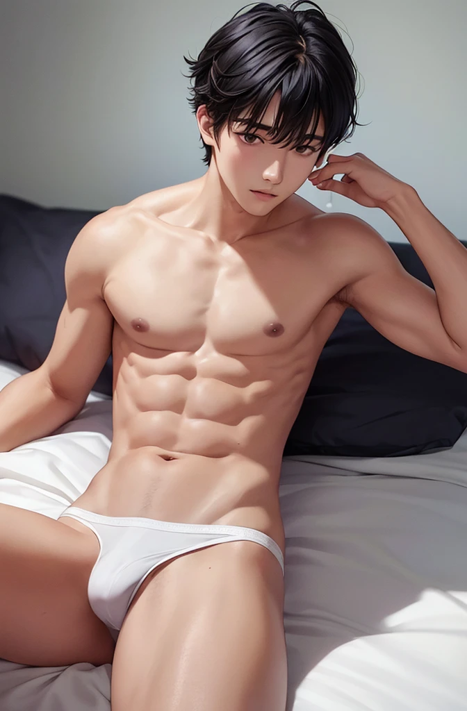 18-year-old boy, Upper body naked, White briefs ,Smooth Skin, Lie down on the futon, Black Hair, Eye-level shot, Thin、Beautiful Boy