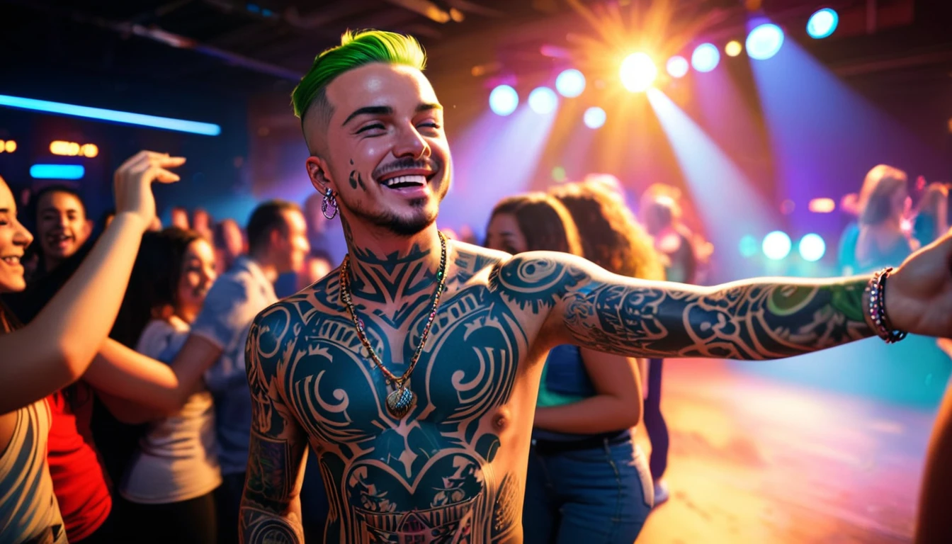 singer j balvin, green hair, buzz cut hair, beard wearing a necklace, (detailed body tattoo: 1.4), (detailed music club: 1.4), ((cinematic light)), (detailed faces: 1.4), highres, RAW photo 8k uhd, dslr, (bloom:1.1), (club with people dancing and enjoying the parties,) upbeat music playing in the background, vibrant and energetic atmosphere, vivid colors, happy face), (smoother lighting:1.05), (increase cinematic lighting quality:0.9),