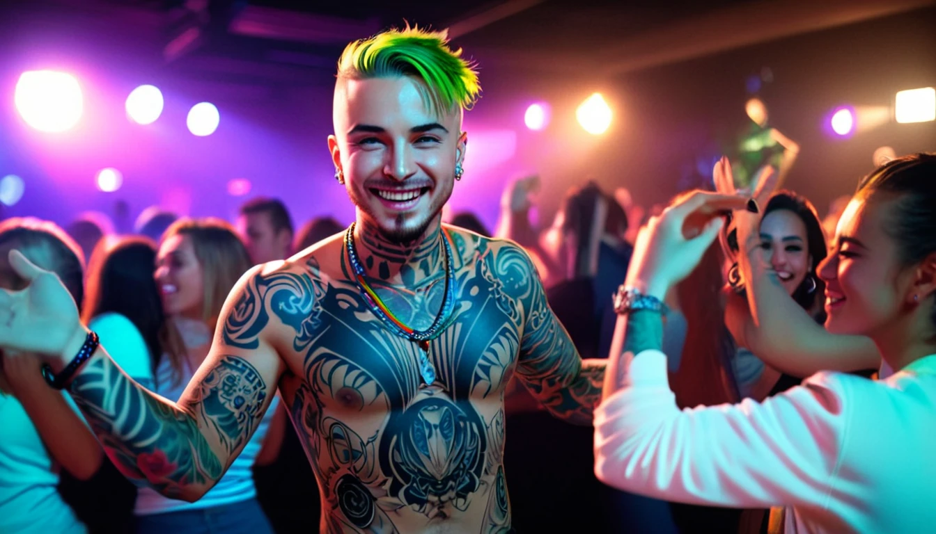 singer j balvin, green hair, buzz cut hair, beard wearing a necklace, (detailed body tattoo: 1.4), (detailed music club: 1.4), ((cinematic light)), (detailed faces: 1.4), highres, RAW photo 8k uhd, dslr, (bloom:1.1), (club with people dancing and enjoying the parties,) upbeat music playing in the background, vibrant and energetic atmosphere, vivid colors, happy face), (smoother lighting:1.05), (increase cinematic lighting quality:0.9),