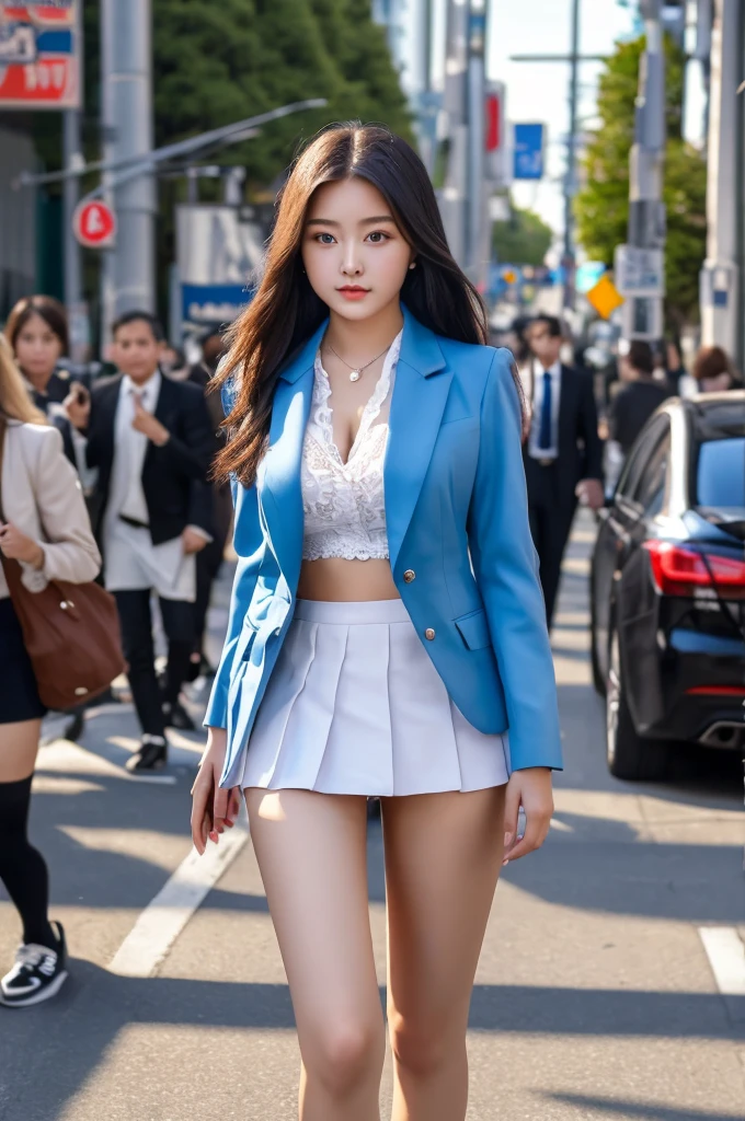a 18 year old face of the most beautiful actress in the world, the perfect body proportions of a female, blazer is covering formal shirt, panties between bare legs are seen just a little thanks to skirt is too short, bare thighs, at the city street, standing, nsfw, best quality, highly detailed, masterpiece, ultra high res, photo realistic, 8k