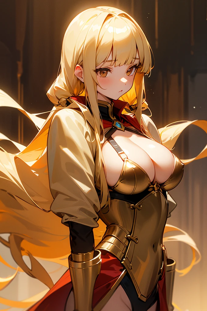 Perfect human body modeling, 1girl, pretty face, blunt bangs, Long hair, drill hair, twin drills, blonde hair, shiny hair, glow eyes, jitome, brown eyes, tsurime, white skin, huge breasts, Short body, Western-style fantasy, RPG, Rocky mountains, desert, Red cape, Golden knight, Golden Bikini Armor,