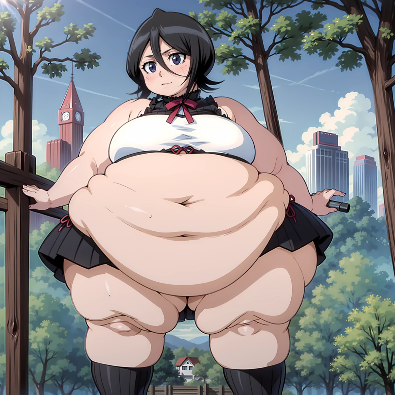 The background is a city., perfect by white girl, in dress, by white, by white god, cute anime waifu with short bikini, ((huge giant breasts)), Best Anime Wallpaper 4K, little obese loliack girl hair, standing on a tree, in a park, super detailed face,