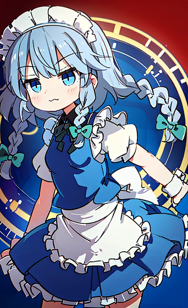 masterpiece,Highest quality,1 Girl,alone,Pokémon-like art style,(bold:1.6),(flat:1.5), 1GIRL, 独奏, Izayoi Sakuya, sakuya1, MAID, MAID HEADDRESS, MAID APON, MEDIUM BREASTS, blue eyes, MAID HEADDRESS, BRAID, GREY HAIR, MAID, TWIN BRAIDS, SHORT HAIR, WRIST CUFFS, BOW, HAIR BOW, SHORT SLEEVES, RIBBON, apron, ,