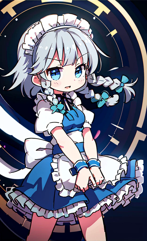 masterpiece,Highest quality,1 Girl,alone,Pokémon-like art style,(bold:1.6),(flat:1.5), 1GIRL, 独奏, Izayoi Sakuya, sakuya1, MAID, MAID HEADDRESS, MAID APON, MEDIUM BREASTS, blue eyes, MAID HEADDRESS, BRAID, GREY HAIR, MAID, TWIN BRAIDS, SHORT HAIR, WRIST CUFFS, BOW, HAIR BOW, SHORT SLEEVES, RIBBON, apron, ,