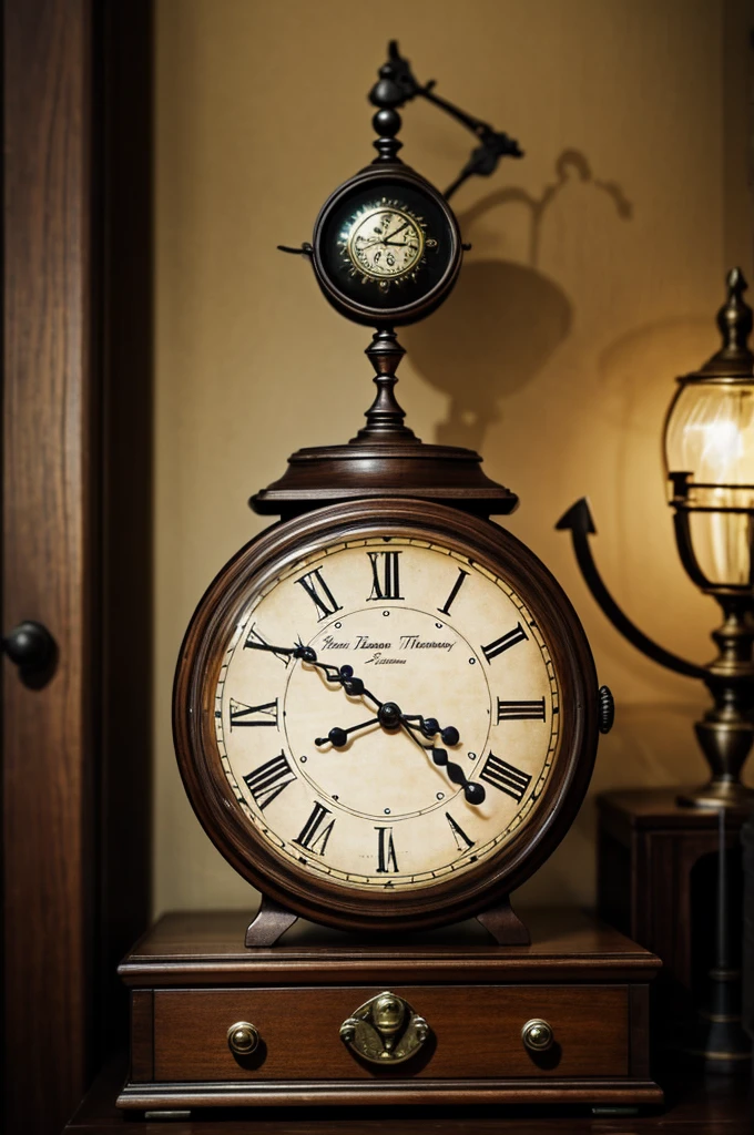 A hand smoothly rests on a strangely beautiful clock with the words Take me back in time right in the middle and create a picture that creates a slightly different atmosphere around.  