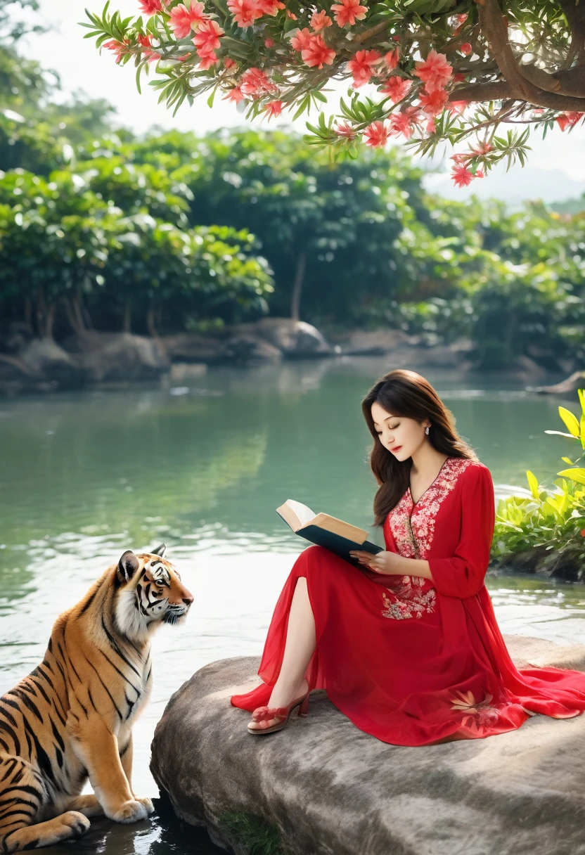 a photo of  a beautiful 30yo woman, wearing a red dress with small floral motifs, beautiful, luxurious, polite, long flowing hair, sitting under a frangipani tree, next to clear flowing river water, while reading a book accompanied by a big tiger, woman looks elegant and sweet, full HD photo, clear contrast without defects, ultra HD, real realistic ,16k