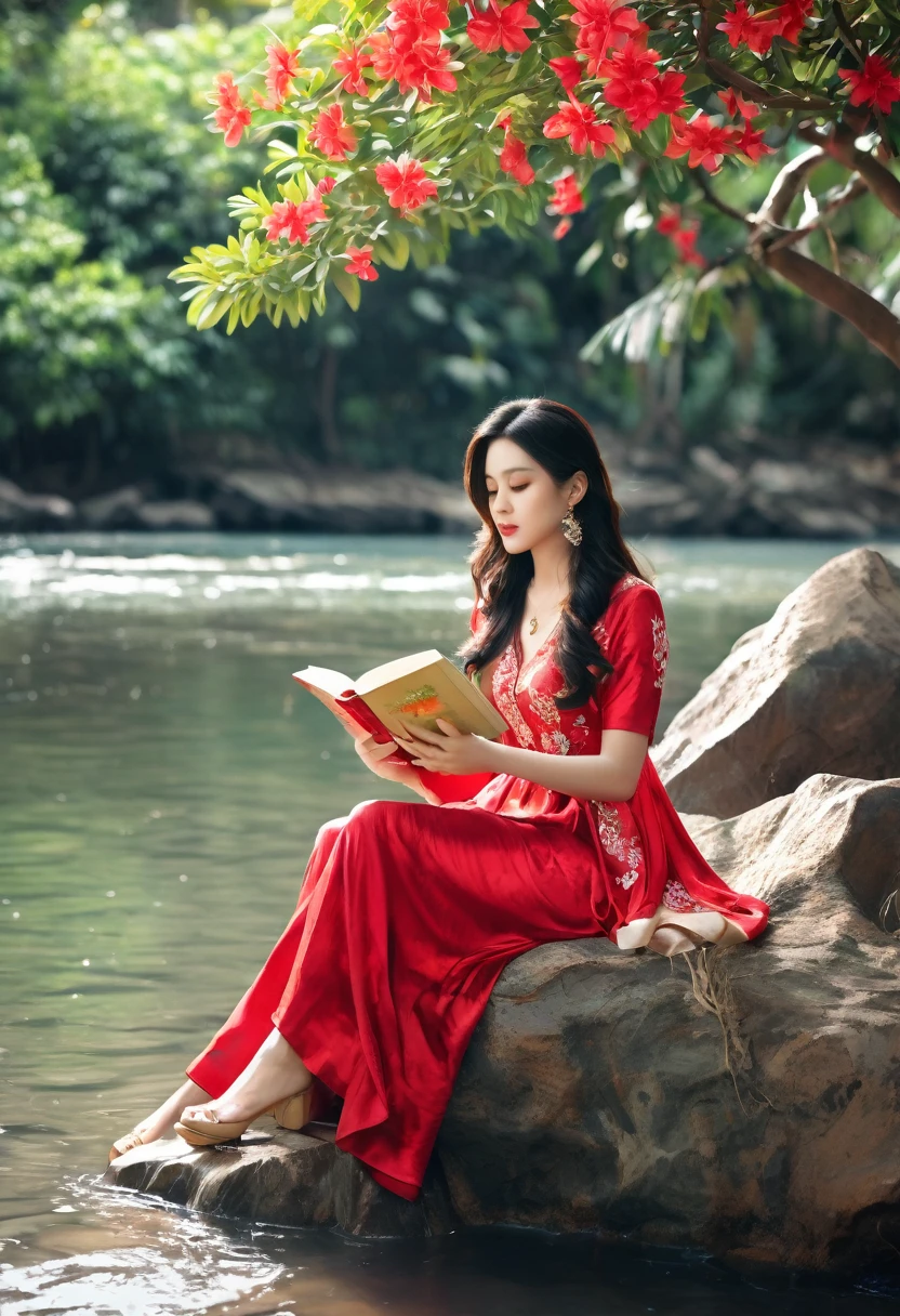 a photo of a beautiful 30yo woman, wearing a red dress with small floral motifs, beautiful, luxurious, polite, long flowing hair, sitting under a frangipani tree, next to clear flowing river water, while reading a book accompanied by a big tiger, woman looks elegant and sweet, full HD photo, clear contrast without defects, ultra HD, real realistic ,16k