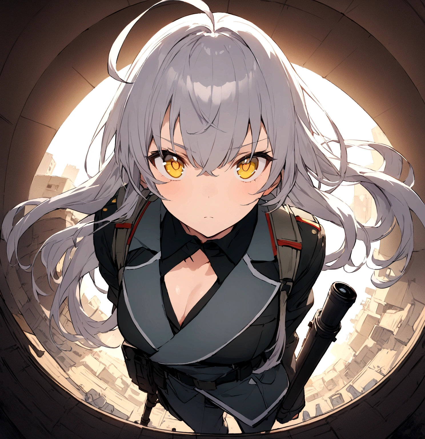 Serious expression、action、(masterpiece, best quality:1.2),Expressionless、 1girl, 独奏,Black military uniform、Grey long hair、Ahoge、Yellow Eyes、Ready your gun?、sniper rifle、Background of military bases、Fisheye Lens(masterpiece, best quality:1.2),Expressionless、 1girl, 独奏,Black military uniform、Grey long hair、Ahoge、Yellow Eyes、Ready your gun?、sniper rifle、Background of military bases、Fisheye Lens