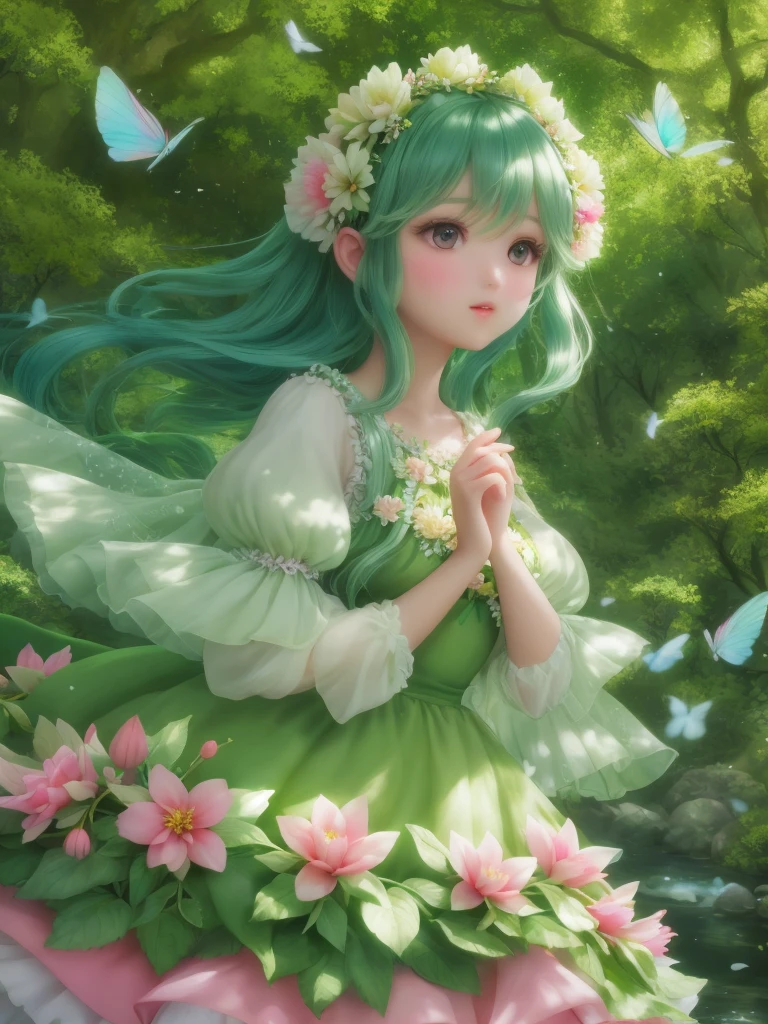 girl in a forest with floating flowers, river, puffy, puffy cheeks, cute,Fairy Leafdress
vibrant colors, colorful art style,
soft lighting, soft shadows, detailed textures, dynamic lighting,
nice hands, perfect hands,