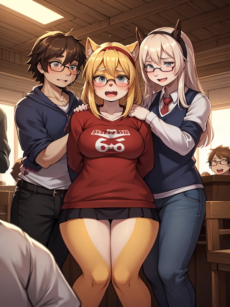 Clothing erotica , A ugly woman who belongs to a geek club at university and receives special treatment from the men there , (Surrounded by a lot of geek man)