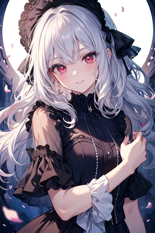 8K, masterpiece, best quality, best resolution, ultra detailed, a young girl, vampire, anime style, official art, upper body, view straight on, focus on eyes, head tilt, medium hair, wavy hair, silver hair, bangs, light smile, beautiful and detailed eyes, red eyes, beautiful and detailed face, short dress, blue sky, petals