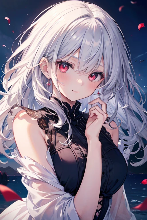 8K, masterpiece, best quality, best resolution, ultra detailed, a young girl, vampire, anime style, official art, upper body, view straight on, focus on eyes, head tilt, medium hair, wavy hair, silver hair, bangs, light smile, beautiful and detailed eyes, red eyes, beautiful and detailed face, short dress, blue sky, petals