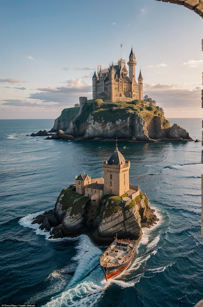 a medieval castle in the coastline in the afternoon, with someone standing pensively looking at a ship sailing on the sea, evening atmosphere with a medieval castle in the background on the left
