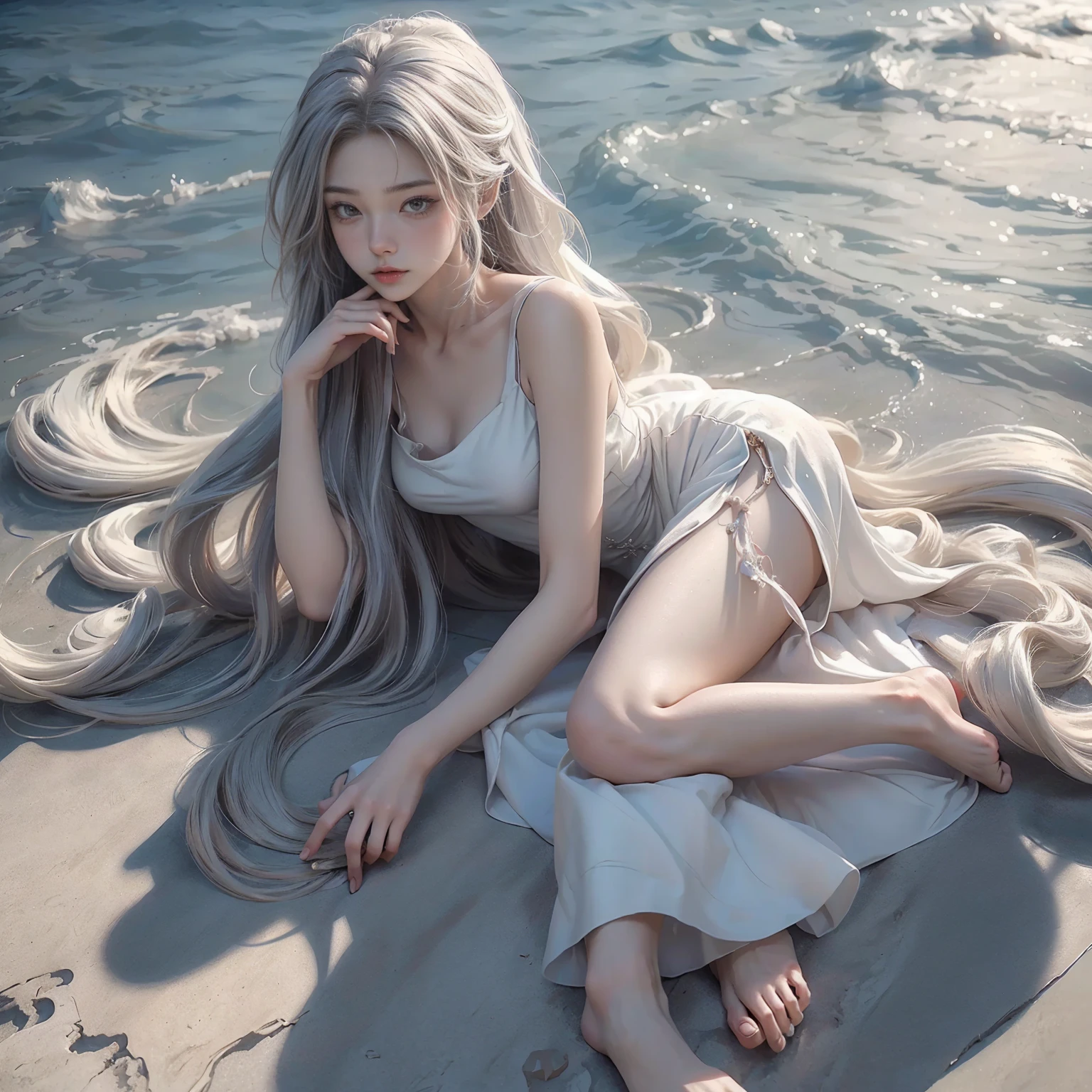 ((masterpiece, highest quality, Highest image quality, High resolution, anime, digital illustration, 8K)), Anime like elegant former aristocratic girl in white shirt, black long dress, long white hair pulled back, barefoot, looking up at me with a blue, ocean innocent eyes