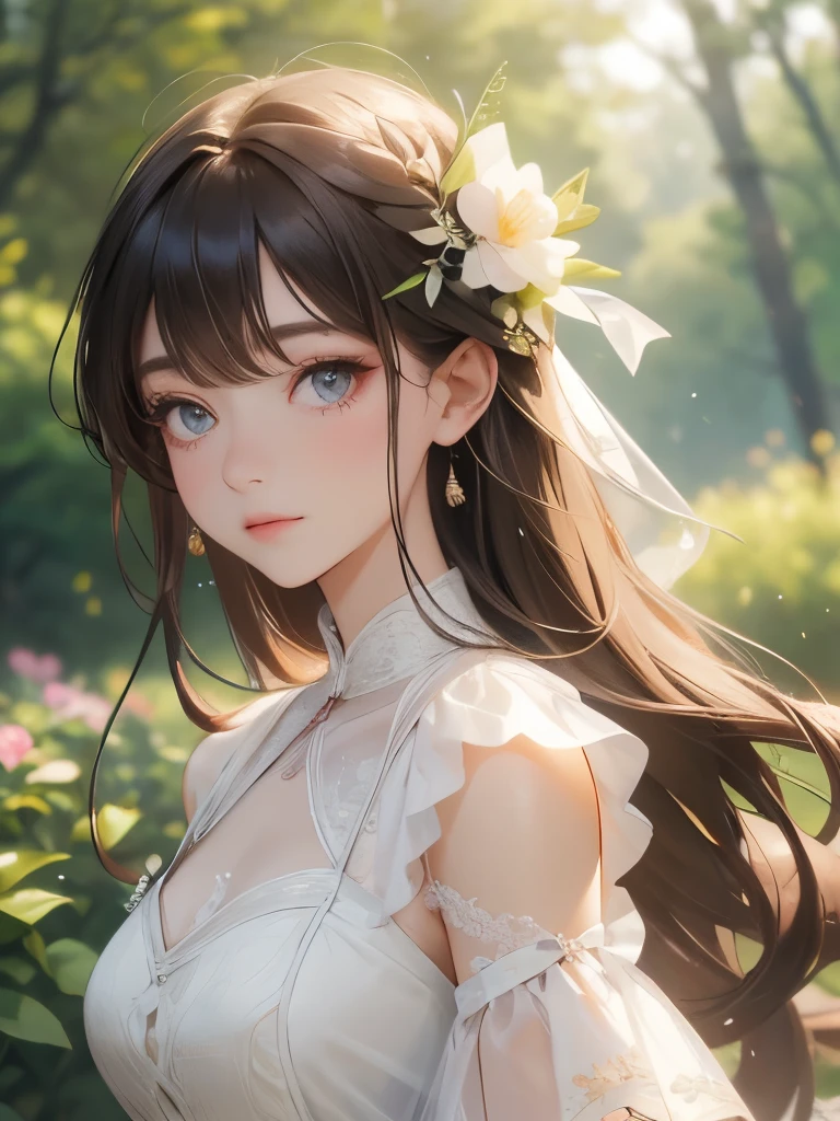== appearance ==
This image contains、A young woman is pictured。She has light brown hair、White lace ribbons on either side of face。Her skin is very clear、Light makeup accentuates her natural beauty。Eyes are large、Has a soft look。

== clothing ==
She wears a white lace top。This top has a see-through design、Featuring delicate floral embroidery。There is a small ribbon on the chest.、It gives a feminine impression。The overall look exudes a clean and elegant atmosphere.。

== place ==
Lush nature spreads out in the background.、The photo was likely taken outdoors, such as in a park or garden.。There are colorful flowers blooming around、Background tree々The flowers and plants enhance the beauty of women.。The bright sunlight is pouring down、It gives off a pleasant spring or summer vibe.。
