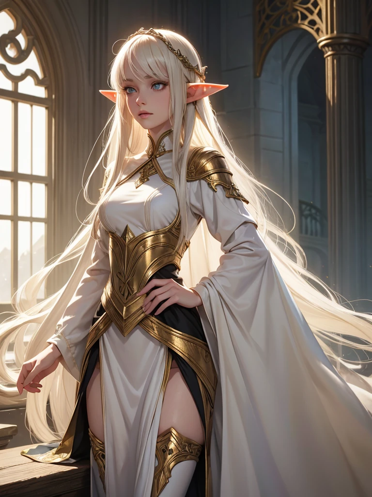 (best quality), 1girl, female, pale skin, platinum blonde hair, long hair, curtain bangs, straight hair, hazel eyes, perfect eyes, elf, pointed ears, fantasy outfit, (fully clothed), fantasy universe, masterpiece, anatomically correct, highres
