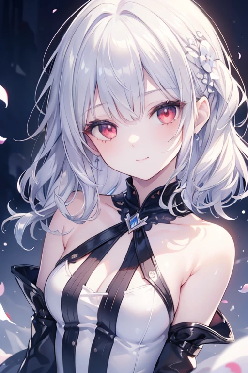 8K, masterpiece, best quality, best resolution, ultra detailed, a young girl, vampire, anime style, official art, upper body, view straight on, focus on eyes, head tilt, medium hair, wavy hair, silver hair, bangs, light smile, beautiful and detailed eyes, red eyes, beautiful and detailed face, short dress, blue sky, petals