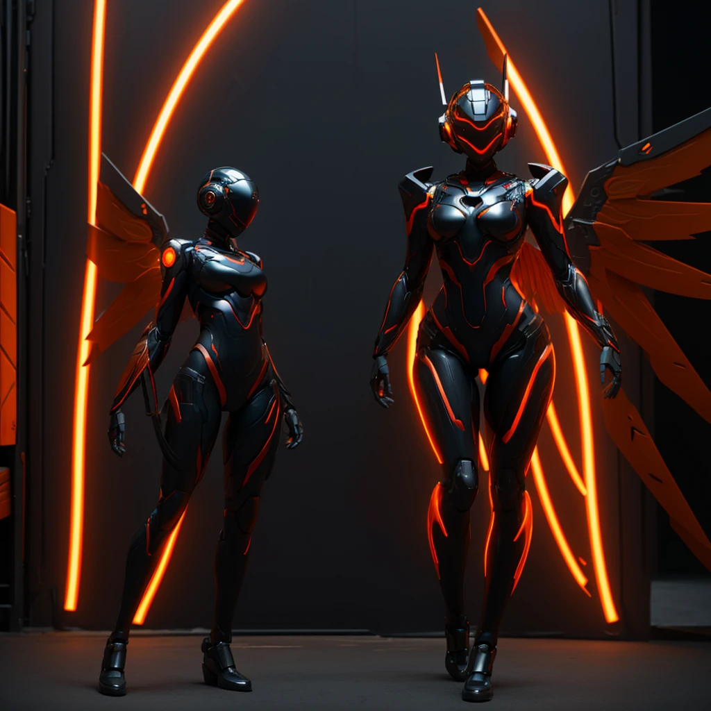 Dronificated unknown woman in a fully enclosed black latex fullbody suit with orange lights across the suit and heart shaped glowing core in the chest, fully enclosed cyber helmet that cover her whole face and hides her identity with a gundam face, huge breast, narrow waist, wide hips and thick thighs, in a storage facility, orange angelical wings an halo, fire, no face, no hair, no mouth, no eyes, (masterpiece), (highres) (full body)
