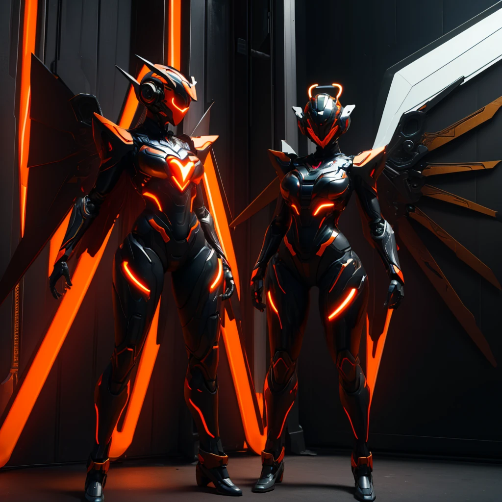 Dronificated unknown woman in a fully enclosed black latex fullbody suit with orange lights across the suit and heart shaped glowing core in the chest, fully enclosed cyber helmet that cover her whole face and hides her identity with a gundam face, huge breast, narrow waist, wide hips and thick thighs, in a storage facility, orange angelical wings an halo, fire, no face, no hair, no mouth, no eyes, (masterpiece), (highres) (full body)