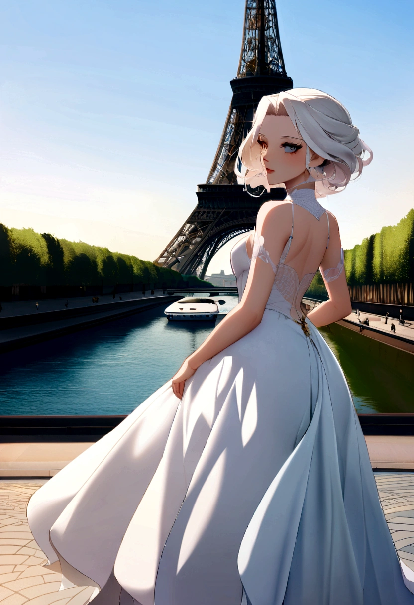 Marry (female) Attractive near the Eiffel Tower, cheveux blonds, sac attrayant, Derrière le soleil, Attractive view,medium shot