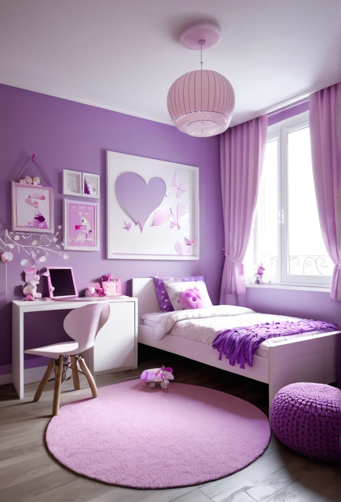 Chambre d’enfant  fille cosy aménagement moderne rose ,  violet et blanc, chambre de princesse image photorealistic 