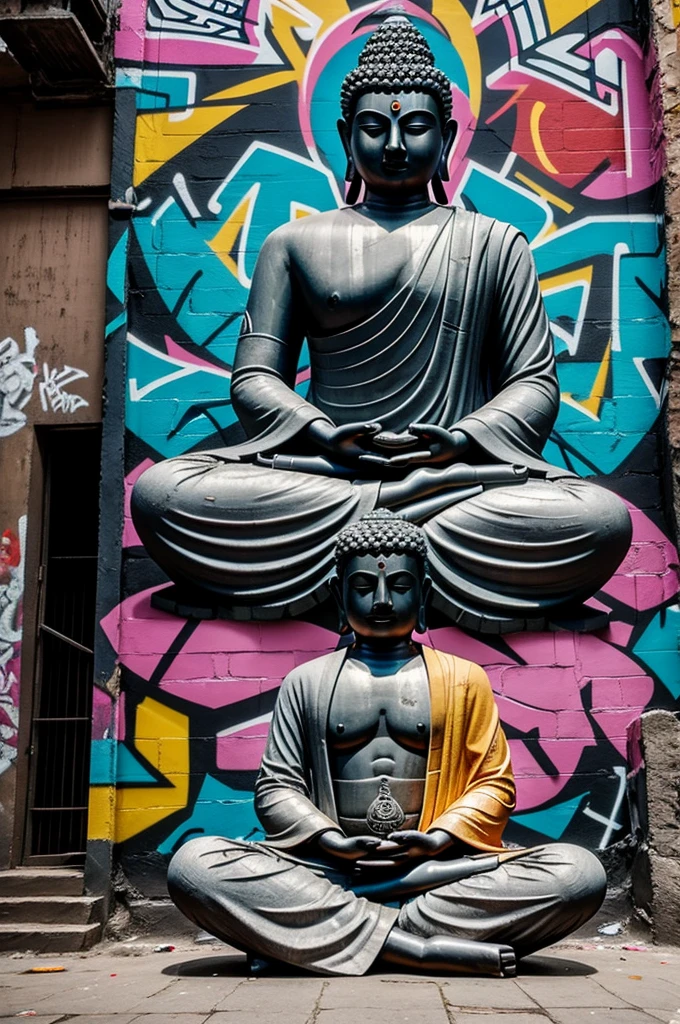 Gautam Buddha in stylish streetwear, meditating in the middle of a bustling urban city with graffiti-covered walls."