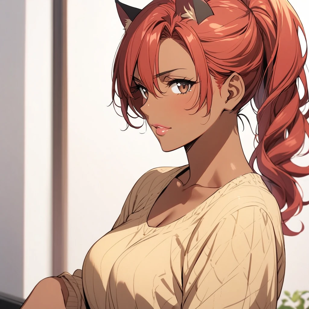 Girl, mature, red hair, dark skin, cat ears, brown eyes, beautiful