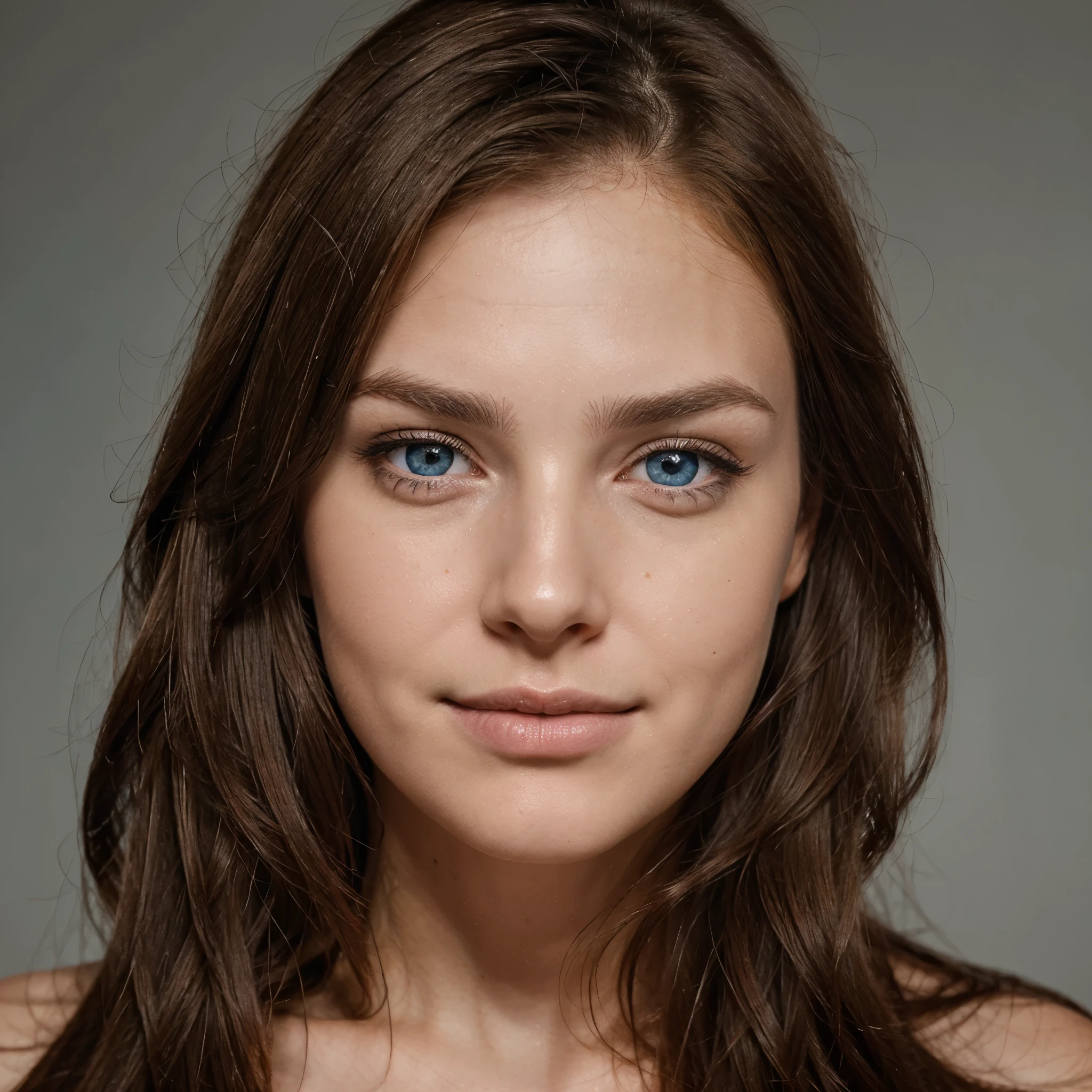 Design a hyperrealistic portrait, straight brown hair, blue eye, happy face, close up of frontal face, les traits fins d’environ 30 ans, le visage fin, les sourcils fins
