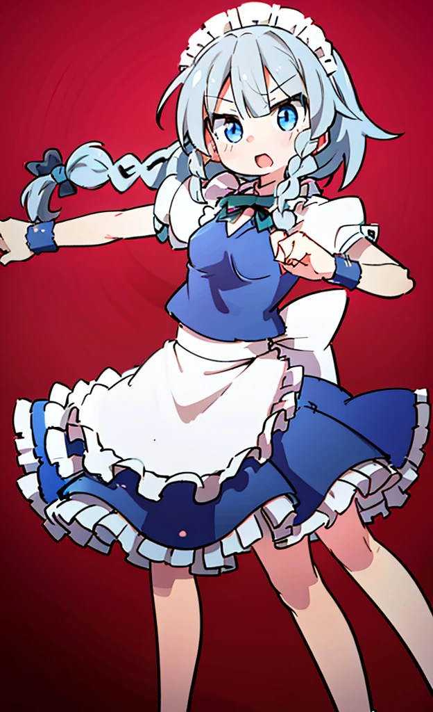 masterpiece,Highest quality,1 Girl,alone,Pokémon-like art style,(bold:1.6),(flat:1.5), 1GIRL, 独奏, Izayoi Sakuya, sakuya1, MAID, MAID HEADDRESS, MAID APON, MEDIUM BREASTS, blue eyes, MAID HEADDRESS, BRAID, GREY HAIR, MAID, TWIN BRAIDS, SHORT HAIR, WRIST CUFFS, BOW, HAIR BOW, SHORT SLEEVES, RIBBON, apron, loli, Flat Chest