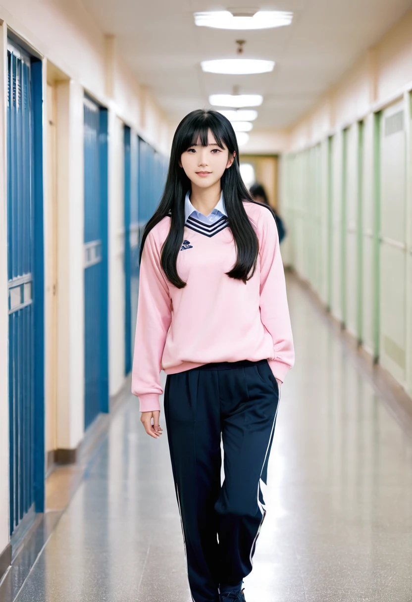 Long black hair、Japan Female Junior High School Students、Long sleeves and pants pink jersey、School corridor