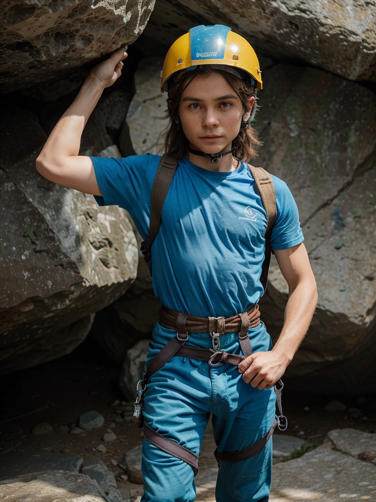 realistic climbing scene, 1 boy climbing on rock formation, wearing long pants and blue t-shirt, climbing harness and helmet, holding onto rock with both hands, big eyes, long hair sticking out from helmet, pleasant family friendly photo, 4k, very detailed face and eyes, photographic quality, limestone rock slopes in Jurassic colors, yellow climbing helmet