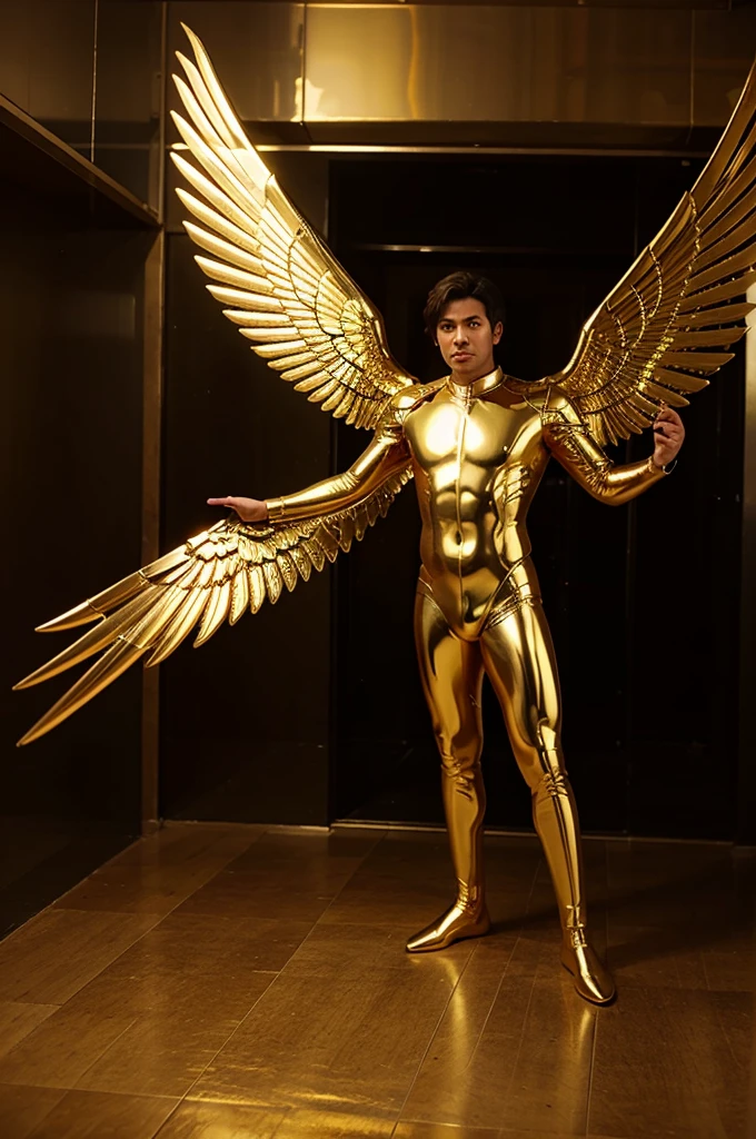 arafed boy in a gold outfit with wings and a sword, angelic golden armor, full - body majestic angel, archangel, winged boy, angel in gold armor, eros, archangel michael, winged human, epic angel wings, eros and thanatos, grand angel wings, gold wings, young wan angel, attractive male deity