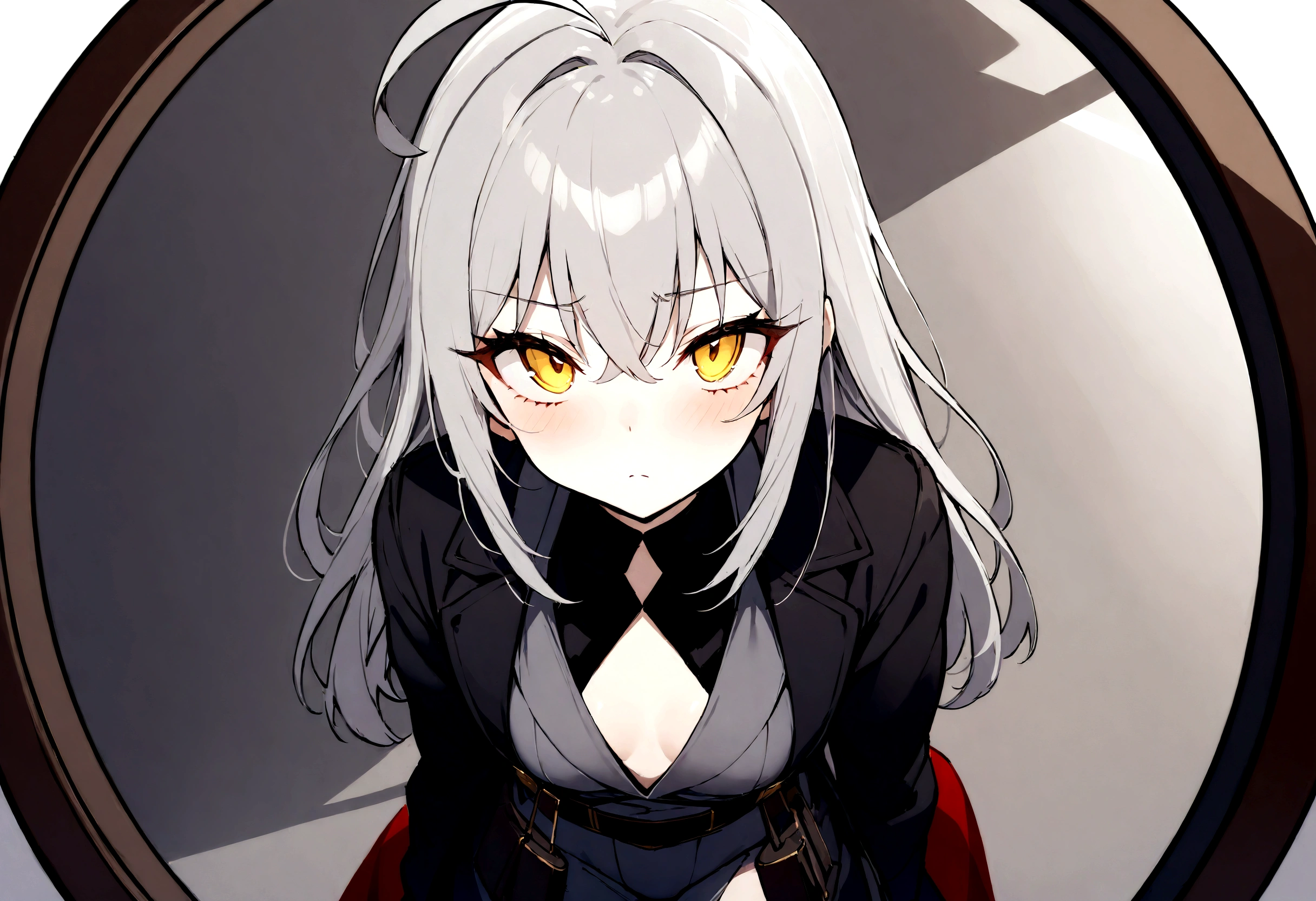 (masterpiece, best quality:1.2), 1girl, 独奏,Black military uniform、Looking through the scope、Point your gun at us、Grey long hair、Ahoge、Yellow Eyes、Ready your gun?、sniper rifle、Background of military bases、Fisheye Lens、battlefield、Shadows of light and darkness、Confused eyes、Gray trench coat、A black hoodie on top、ナイフとReady your gun?、Flat Chest、Poor breasts