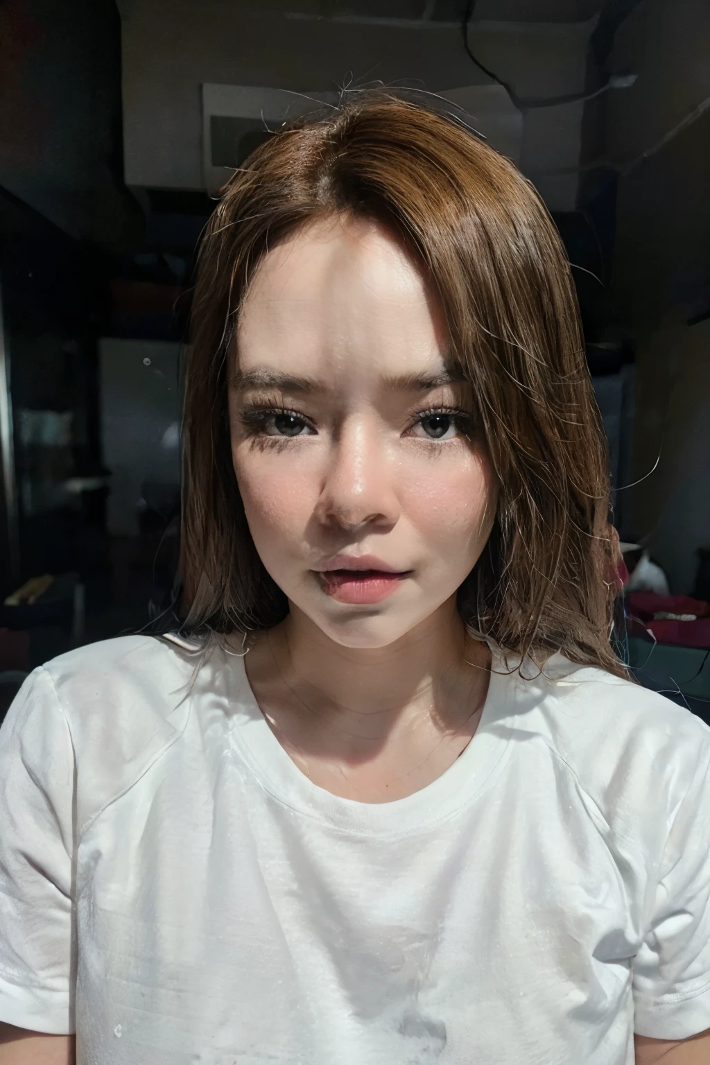 adorable, 1 girl, (face to face), 10 years old, baby face, happy, half body portrait, (face details: 1), (eye details:1), ((big breasts)). wearing transparency long shirt, .. Cute posed. proportional body. Ultra High Res. realistic: 1.4, UHD