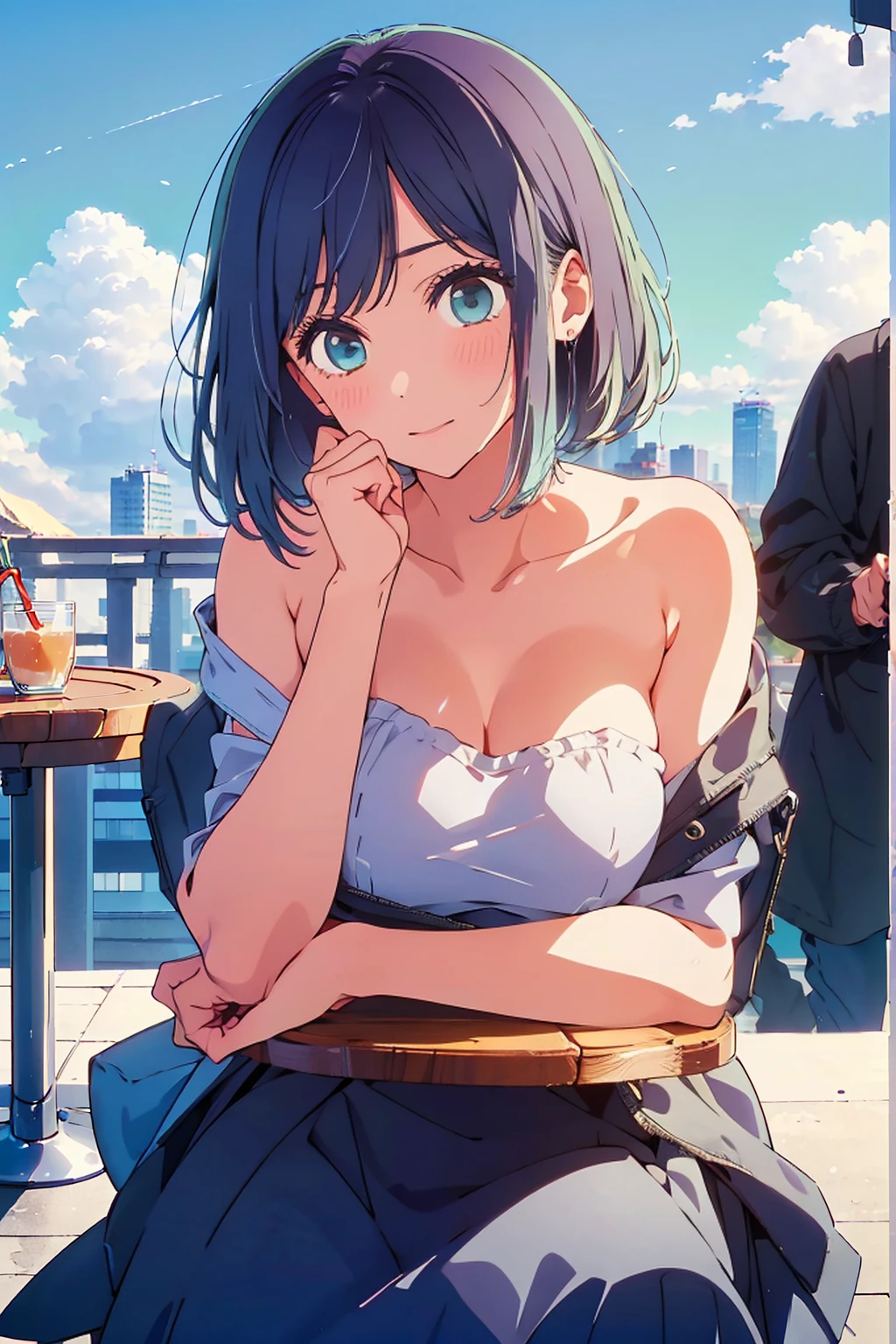 (Highest quality:1.4、8K:1.4、detailed)、F cup bust、Big Breasts、Slim body、Very white beautiful skin、((((1 person、Surprised expression、sit、Chair、In the background are the urban buildings of Tokyo、looking at the camera、Outdoor café terrace、Navy hair color、juice、Shooting up close、Shooting from an angle、table、Very cute face))))、((((nude、Areola))))、(Hand touching cheek pose:1.4、Cheek resting on hand:1.4)、Off-the-shoulder blouson、Black blouson with zipper、Very blue sky、A completely cloudless sky