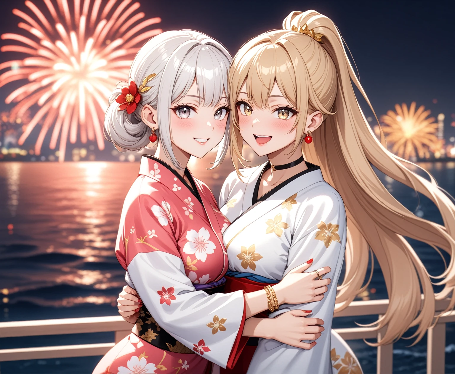 ((Two Women)), Beautiful Face, (Laughing embarrassedly), ((smirk)), ((Wink:1.8)),  ((hug from behind:1.3)), Laugh with your mouth wide open,((Bright red cheeks:1.4)),Shiny red lips, night,横浜のnight景,You can see the ocean, firework,Glossy pink lips,Facial lighting,((Anime style background)),masterpiece, Highest quality, so beautiful,up to date, Complex details, (4fingers and 1thumbs), (Pink long nails), (ring),(bracelet),(choker),AI-generated, Complex,High resolution, Highest quality, super high quality,3D Images、3D Images,One person,Long white hair in a high ponytail, ((Fine grain、Silvery white eyes、Shining Eyes:1.4)), (Squint your eyes:1.1), Long blonde hair in a high ponytail, Anime woman posing for a photo, a hyperRealistic , hyperRealistic , Realistic,Anime woman with long white hair, Smooth anime CG art, A woman in a colorful kimono with gold embroidery, (Black long sleeve kimono),(Pink long sleeve kimono), Red floral pattern,Long flower hair ornament,Earrings,Mature Body,(Big Breasts:1.1),Tall,Abdominal muscles,Narrow waist,(Zoom in on face), 