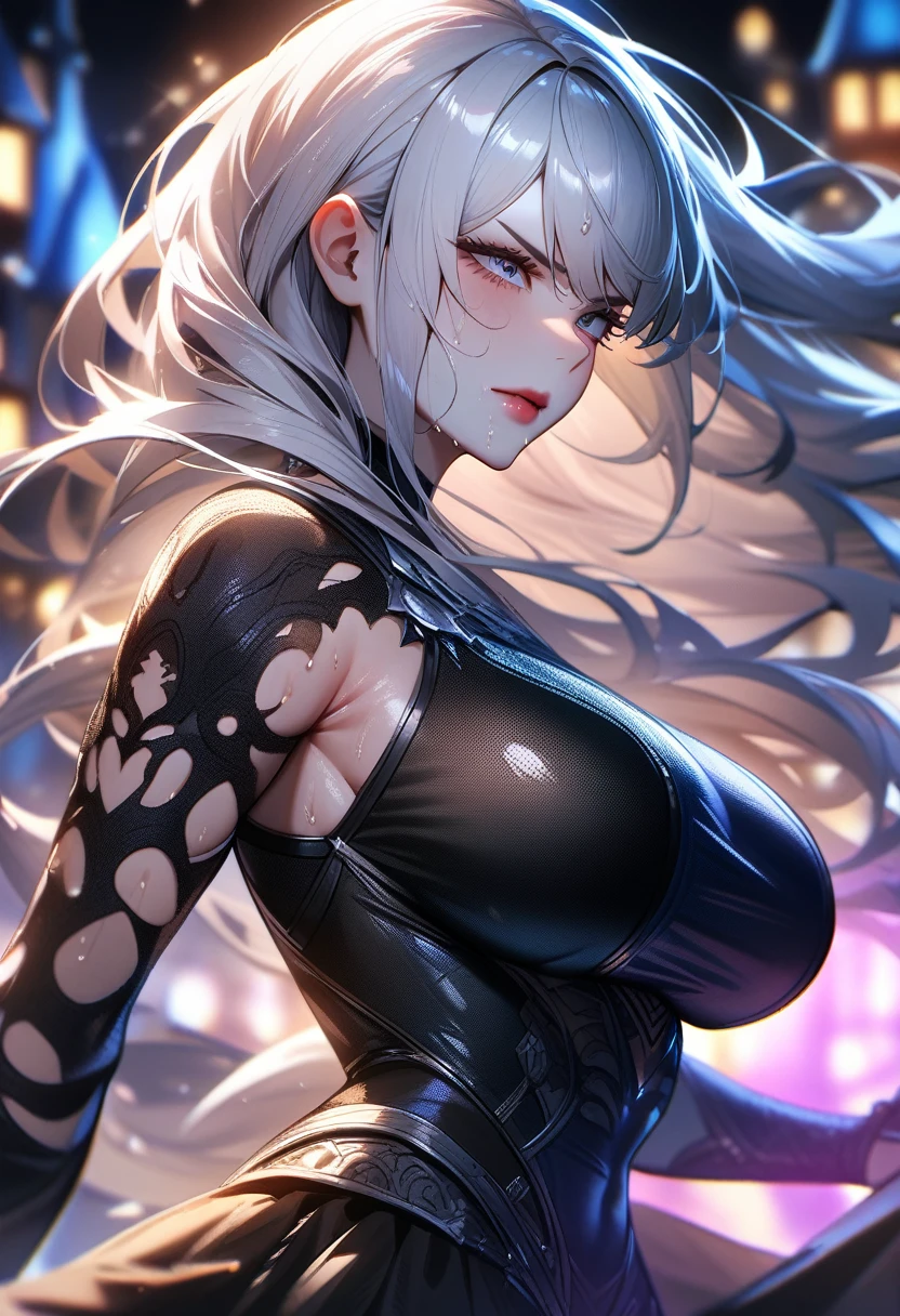 1girl,solo,super detailed skin,shiny skin,wet oily skin, serious face,eyelashes,lips gloss,white hair,long hair,large breasts,unique and complex clothes ,arm forward,magic circle,DonMM4g1cXL,from side,night fantasy town,masterpiece,best quality,ultra detailed,high resolution,sharp focus,depth of field