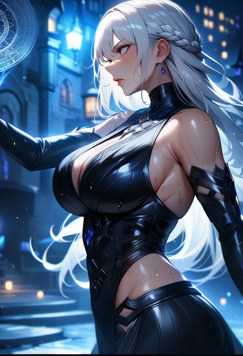 1girl,solo,super detailed skin,shiny skin,wet oily skin, serious face,eyelashes,lips gloss,white hair,long hair,large breasts,unique and complex clothes ,arm forward,magic circle,DonMM4g1cXL,from side,night fantasy town,masterpiece,best quality,ultra detailed,high resolution,sharp focus,depth of field