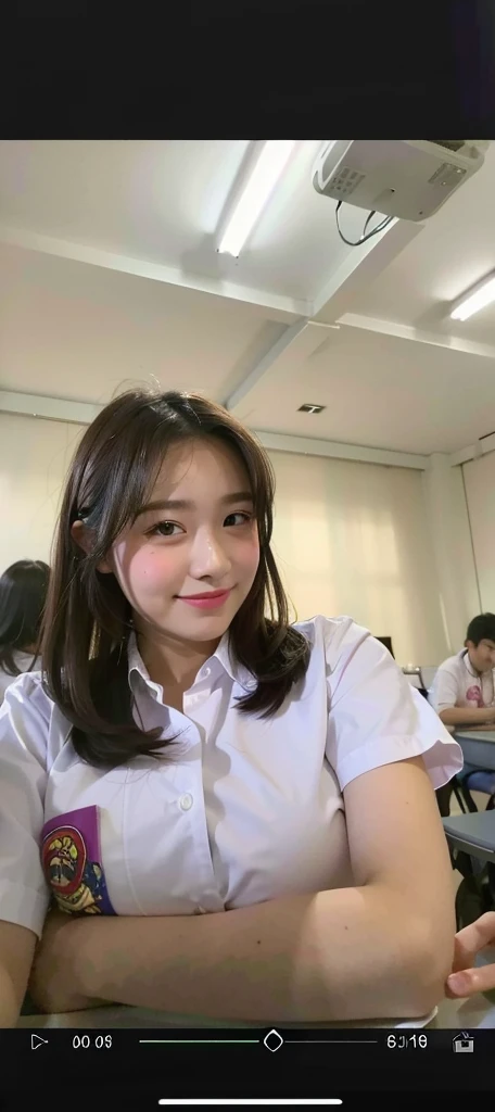 there is a woman sitting at a table in a classroom, anime thai girl, student, 8k selfie photograph, taken with sony alpha 9, wearing , girl wearing uniform, shot on nikon z9, with kind face, selfie shot straight on angle, taken with the best dlsr camera, slight cute smile, wearing a , standing in class, (((((large breasts)))))