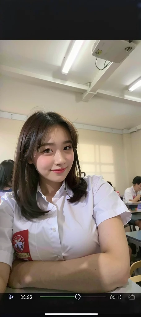 there is a woman sitting at a table in a classroom, anime thai girl, student, 8k selfie photograph, taken with sony alpha 9, wearing , girl wearing uniform, shot on nikon z9, with kind face, selfie shot straight on angle, taken with the best dlsr camera, slight cute smile, wearing a , standing in class, (((((large breasts)))))
