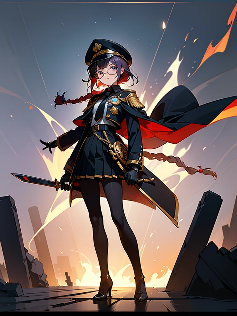 realisitic, City Deserted, Pile of rubble, Brick building, a one woman (18 years old, far away blackw hair, far away slits, Eyes red, glare eyes, 精致的面容, standing (In floor, feet shoulder-width apart), Lolita style military uniform (blackw base, Red Insert, golden decoration, volantes, wide sleeves, dainty and delicate detailing armors), blackw far away gloves (blackw, Red Insert, golden decoration, small hands, armors), blackw far away gloves, knee high boots (blackw, high-heels, red soles), ha (blackw, aba dourada, shield emblem, delicate details), arms in front, Front of belly, Holding military swords with both hands (blackw, golden decoration, delicate detail, Handle at the top, Ground-facing blade, in front of the body, far away), night sky (blackw, stele, Increased flames and smoke), Pale painting style, One Girl, super high quality, Super Detail, Super Detailed image, long hair, looking at viewer, skirt, shirt, hair ornament, violet eyes, gloves, round glasses, long sleeves, hat, closed mouth, jacket, violet hair, braid, open clothes, necktie, black gloves, black skirt, uniform, single braid, open jacket, black jacket, black headwear, 手链, peaked cap, black necktie, cropped jacket, military hat, pantyhose, Flat Chest, smile, Black Cape