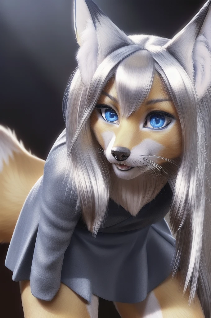 long silver hair, blue eyes, skirt and a black top,((fur, fox snout, fox girl,silver fur, close up)), (human),(((super realistic, realistic, photorealistic))), female kitsune, fox
