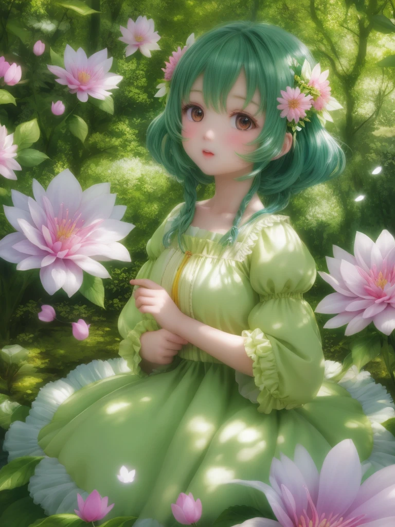 girl in a forest with floating flowers, river, puffy, puffy cheeks, cute,Fairy Flowerdress ピンクの髪
vibrant colors, colorful art style,
soft lighting, soft shadows, detailed textures, dynamic lighting,
nice hands, perfect hands,