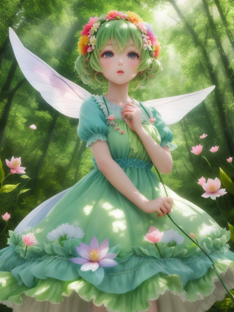 girl in a forest with floating flowers, river, puffy, puffy cheeks, cute,Fairy Flowerdress ピンクの髪
vibrant colors, colorful art style,
soft lighting, soft shadows, detailed textures, dynamic lighting,
nice hands, perfect hands,