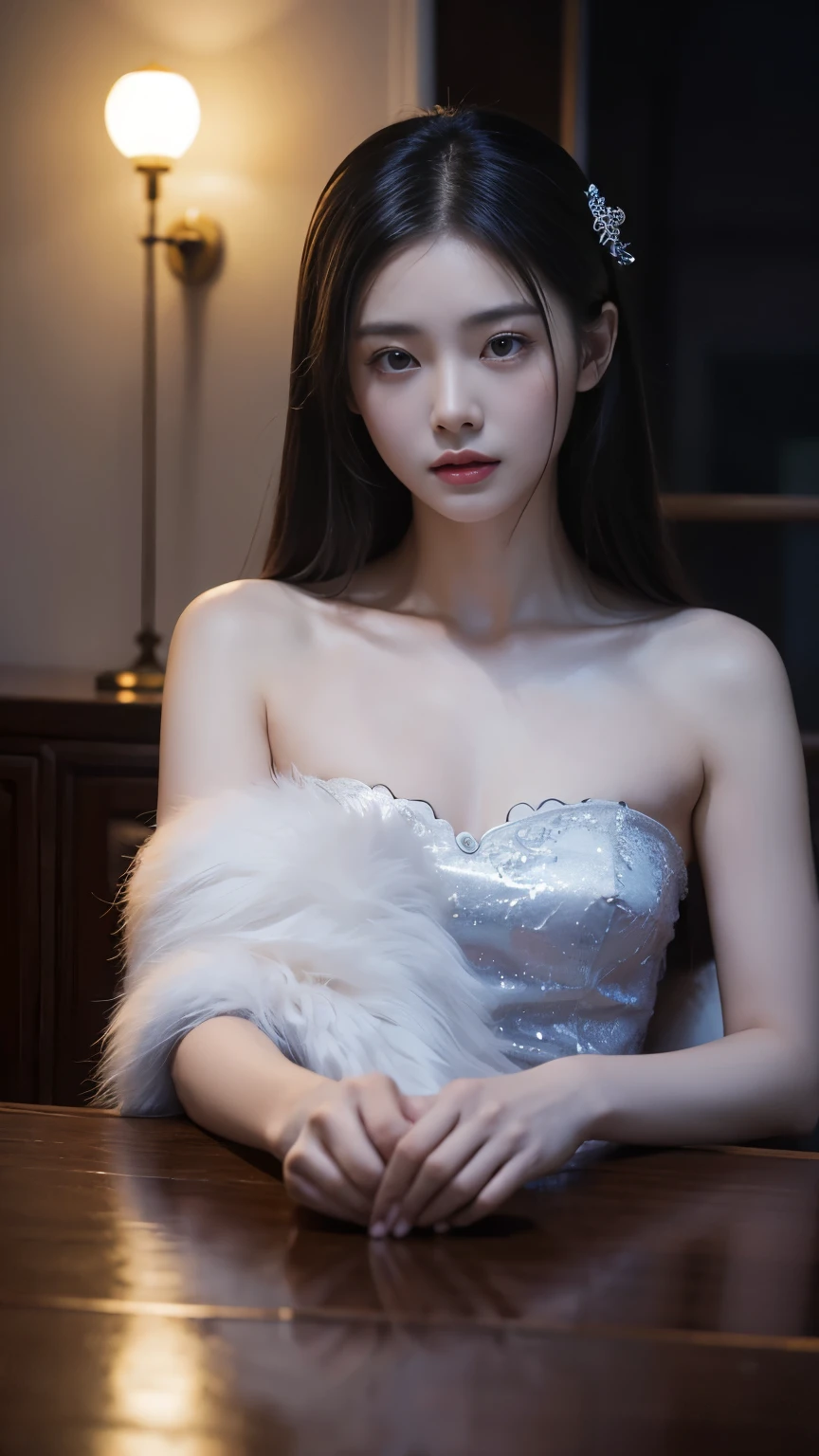 ((gufeng, Bare shoulders)),(masterpiece, best quality:1.2), 1 Girl, Solitary, Deep in Wonderland，Moonlight falls like water，Foggy Room，The heroine&#39;s figure is vaguely visible，Like a fairy in a painting，Slender sexy legs，Very beautiful legs，Leaking sexy legs，Large Breasts，美丽而又带着一丝mystery的色彩。Her face is beautiful and delicate，Like a finely carved jade，Showing extraordinary beauty。The eyebrows are so pretty，The waves in my eyes are like twinkling stars，Show the light of perseverance and wisdom。The bridge of the nose is straight，Cherry lip color，The slightly upturned corners of the mouth reveal confidence and calmness。Her face is chiseled，Skin like jade，Reveal healthy glow，Just like fairies, She never eats worldly fireworks。Her makeup is light and delicate，No excessive embellishment，But it is enough to show her temperament and charm。Light foundation highlights the translucence of the skin，A light eyebrow pencil outlines her perfect eyebrow shape，Eye makeup is eye shadow and eyeliner，Make her eyes brighter、Energetic。嘴唇涂上grace的口红，Add a touch of charm and sophistication。她的衣服grace别致，Clothes fluttering，As if the wind will blow it up at any time，Drifting away。既不失grace，She also showed her extraordinary ball skills。Swaying with her movements。Her hair was tied back casually.，Secure with a jade hairpin，A few strands of hair fluttering gently in the wind，Add a touch of softness。Her figure looms in the fairyland，宛如一道Large Breasts美丽的风景线，Attracted everyone&#39;s concern。She seems like a fairy in wonderland，Large Breasts美丽、grace、mystery、Full of power。